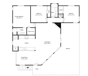 A floor plan with a primary bedroom, secondary bedroom, bathroom, kitchen, dining room, living room, balcony, and porch.