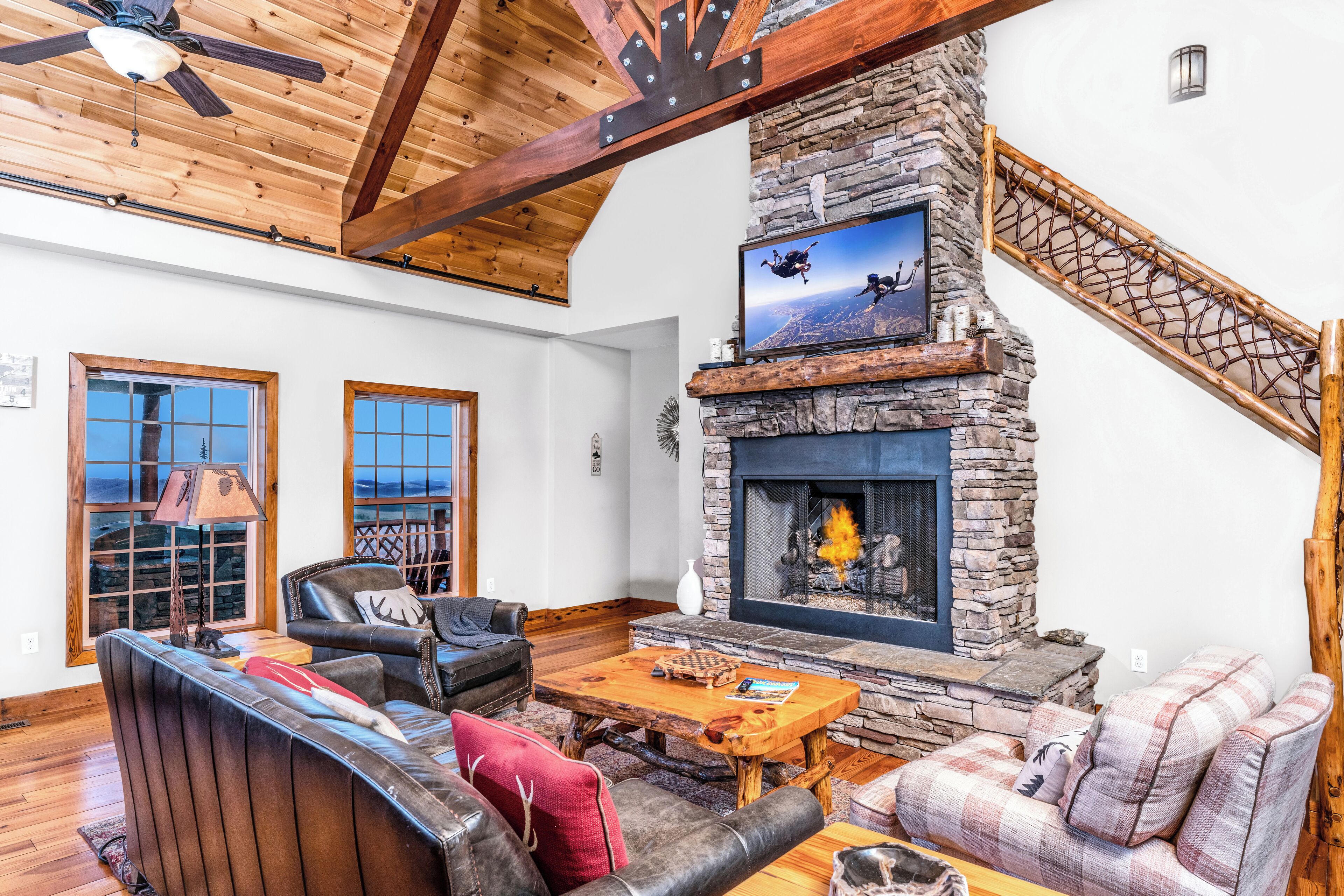 Smart TV, fireplace, video games, DVD player