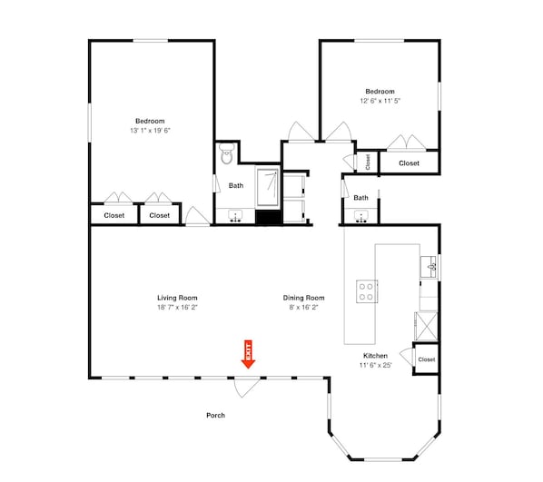 A floor plan with a bedroom (13' 1" x 19' 6"), a living room (18' 7" x 16' 2"), a dining room (8' x 16' 2"), a kitchen (11' 6" x 25"), and two closets.