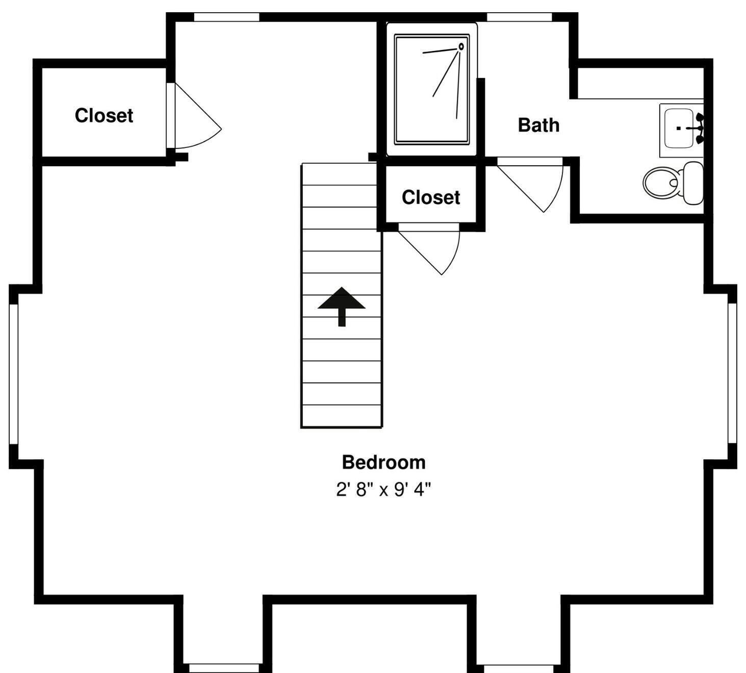 Plano de planta que muestra un dormitorio de 2,80 por 9,40 metros, un armario y un baño.