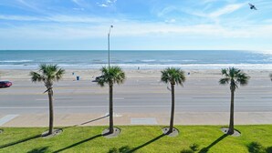 A beach view with palm trees and a road in the foreground. - Absolute Paradise-Dawn 1031 by Ryson Vacation Rentals (Galveston)