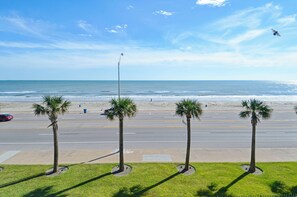 A beach view with palm trees and a road in the foreground. - Absolute Paradise-Dawn 1031 by Ryson Vacation Rentals (Galveston)