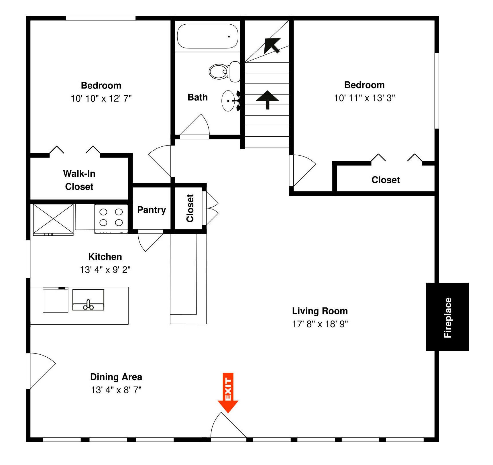 A floor plan of a house with a bedroom, bathroom, kitchen, dining area, and living room.