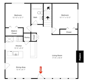 A floor plan of a house with a bedroom, bathroom, kitchen, dining area, and living room. - All Decked Out by Ryson Vacation Rentals (Galveston)
