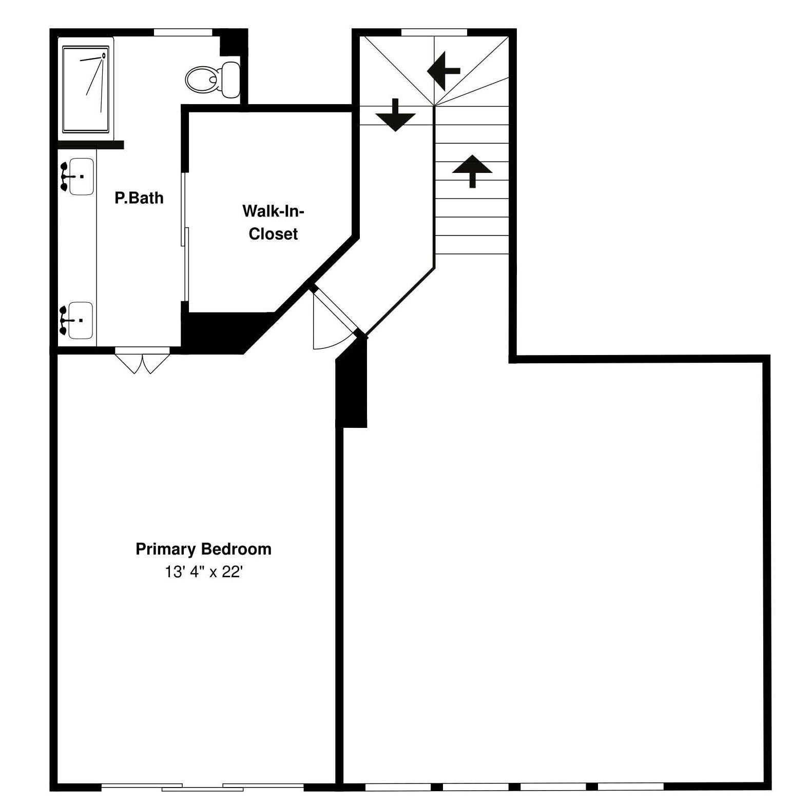 A floor plan with a primary bedroom measuring 13'4' x 22', a walk-in closet, and a P.Bath.