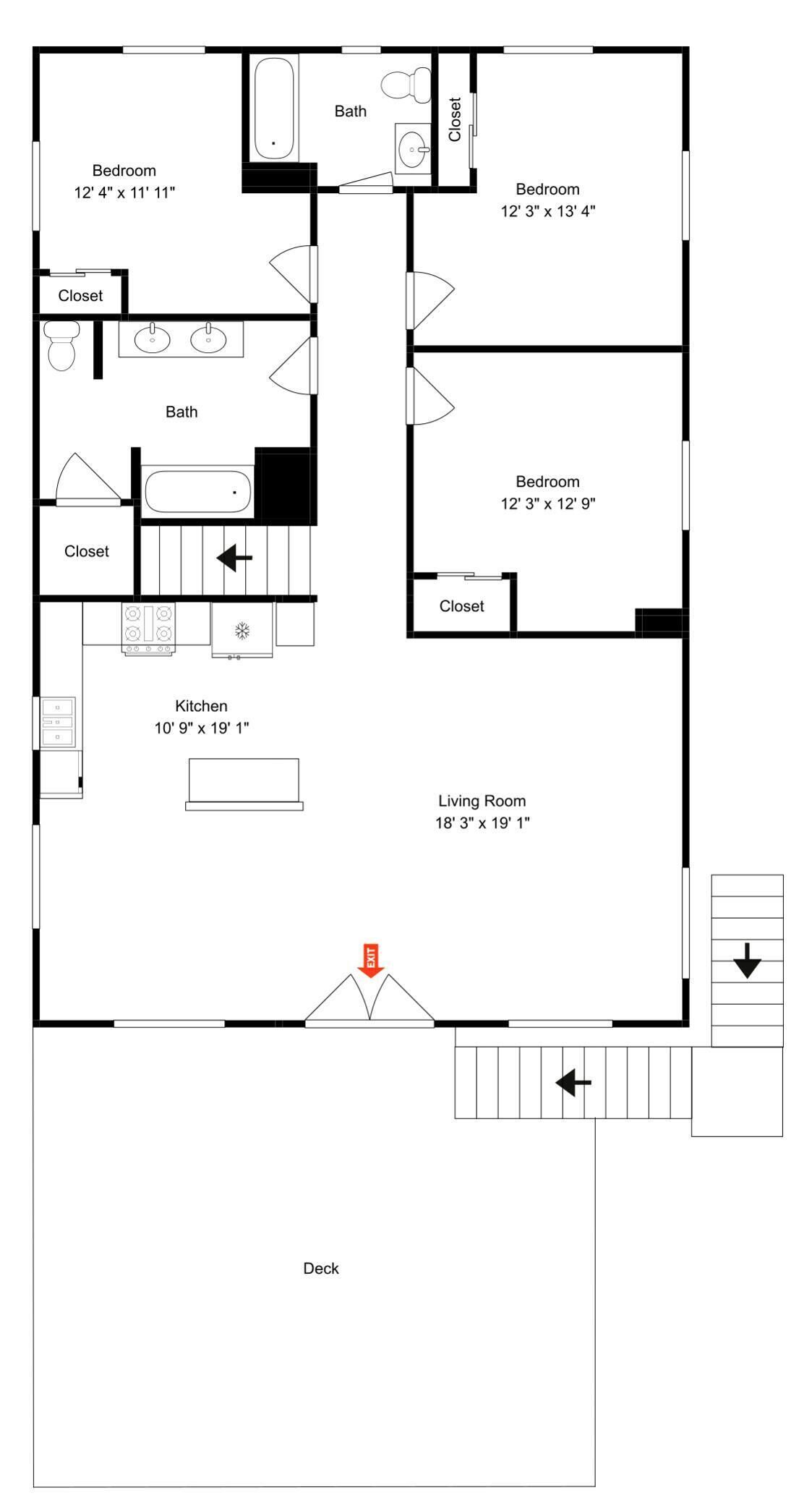 A floor plan with a bedroom, bathroom, kitchen, living room, and deck.