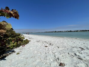 A beach with white sand and clear blue water.