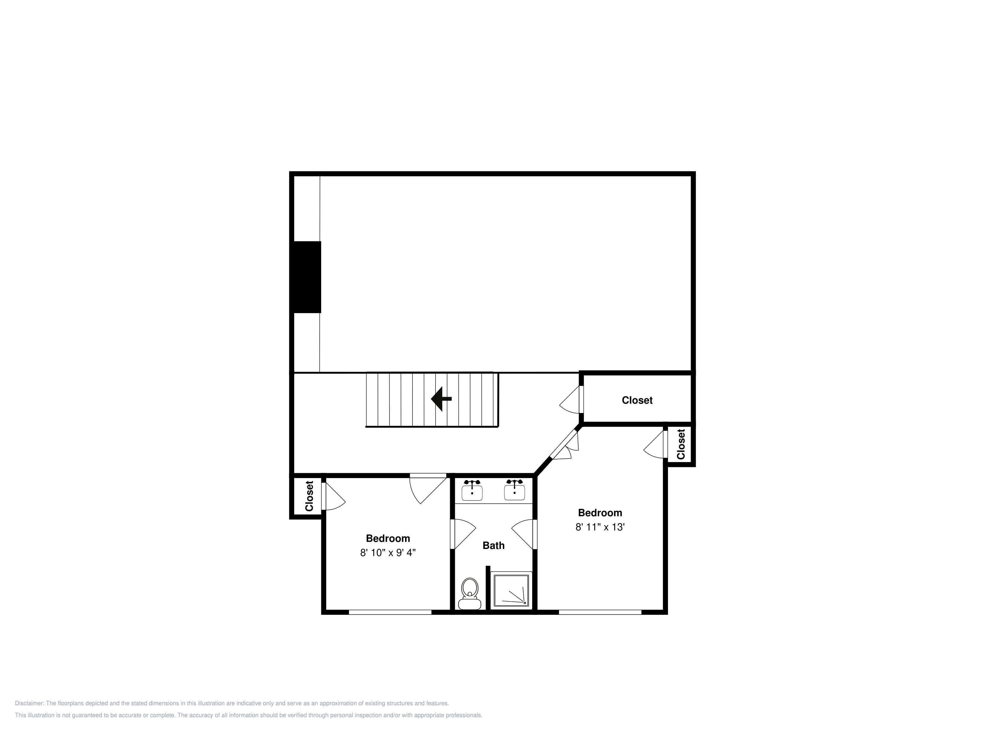 A floor plan with two bedrooms, a bathroom, and a closet.