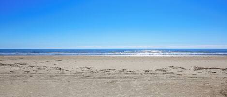 Ein Strand mit blauem Himmel und ruhiger See.