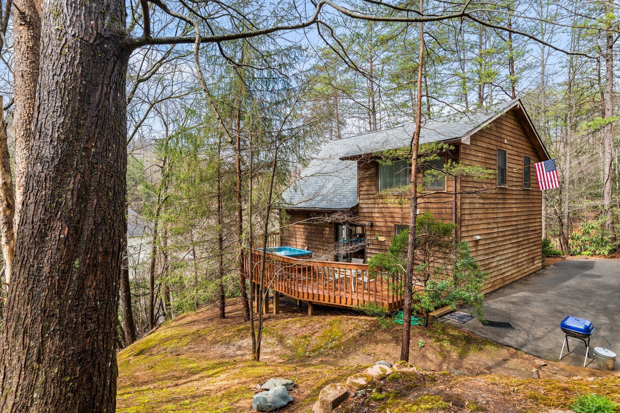 A cabin with a deck, surrounded by trees, and an American flag displayed.