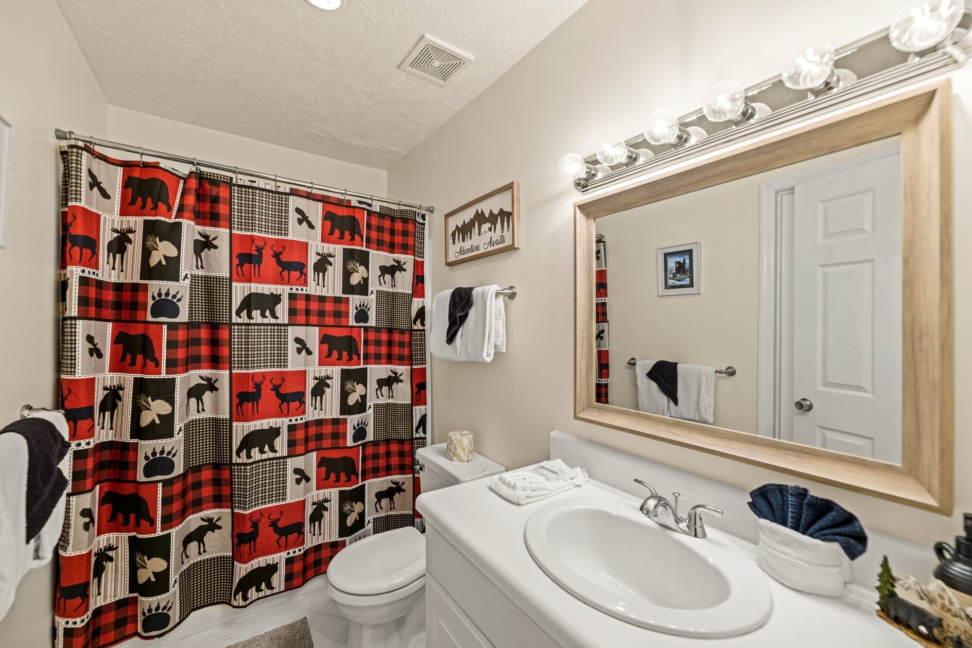 A bathroom with a red and black checkered shower curtain, a white sink, a mirror with lights, and a framed picture on the wall.