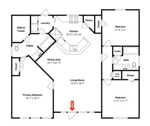 A floor plan of a house with a primary bedroom, secondary bedroom, living room, dining area, kitchen, laundry, and walk-in closets.