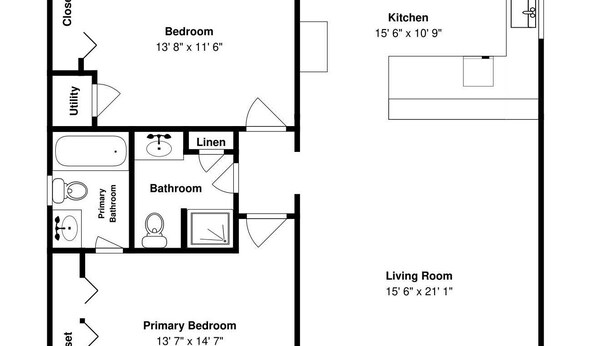 A floor plan of a house with a bedroom, bathroom, kitchen, living room, and balcony. - Bermuda Bungalow by Ryson Vacation Rentals (Galveston)