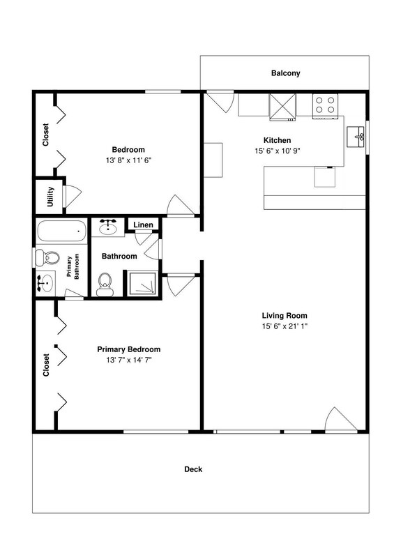 A floor plan of a house with a bedroom, bathroom, kitchen, living room, and balcony.