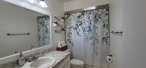 Combined shower/bathtub, hair dryer, towels, soap