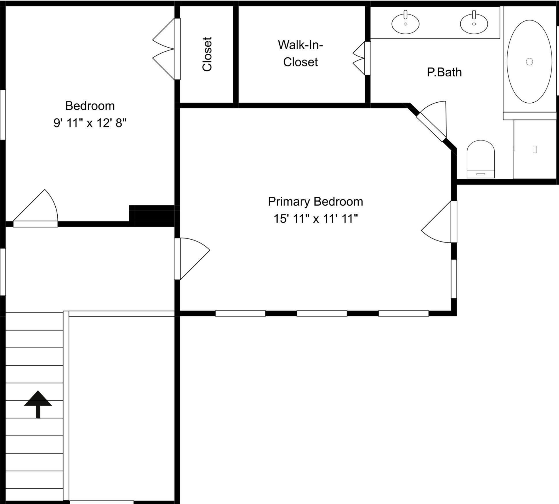 A floor plan with a bedroom, closet, walk-in closet, primary bedroom, and bathroom.