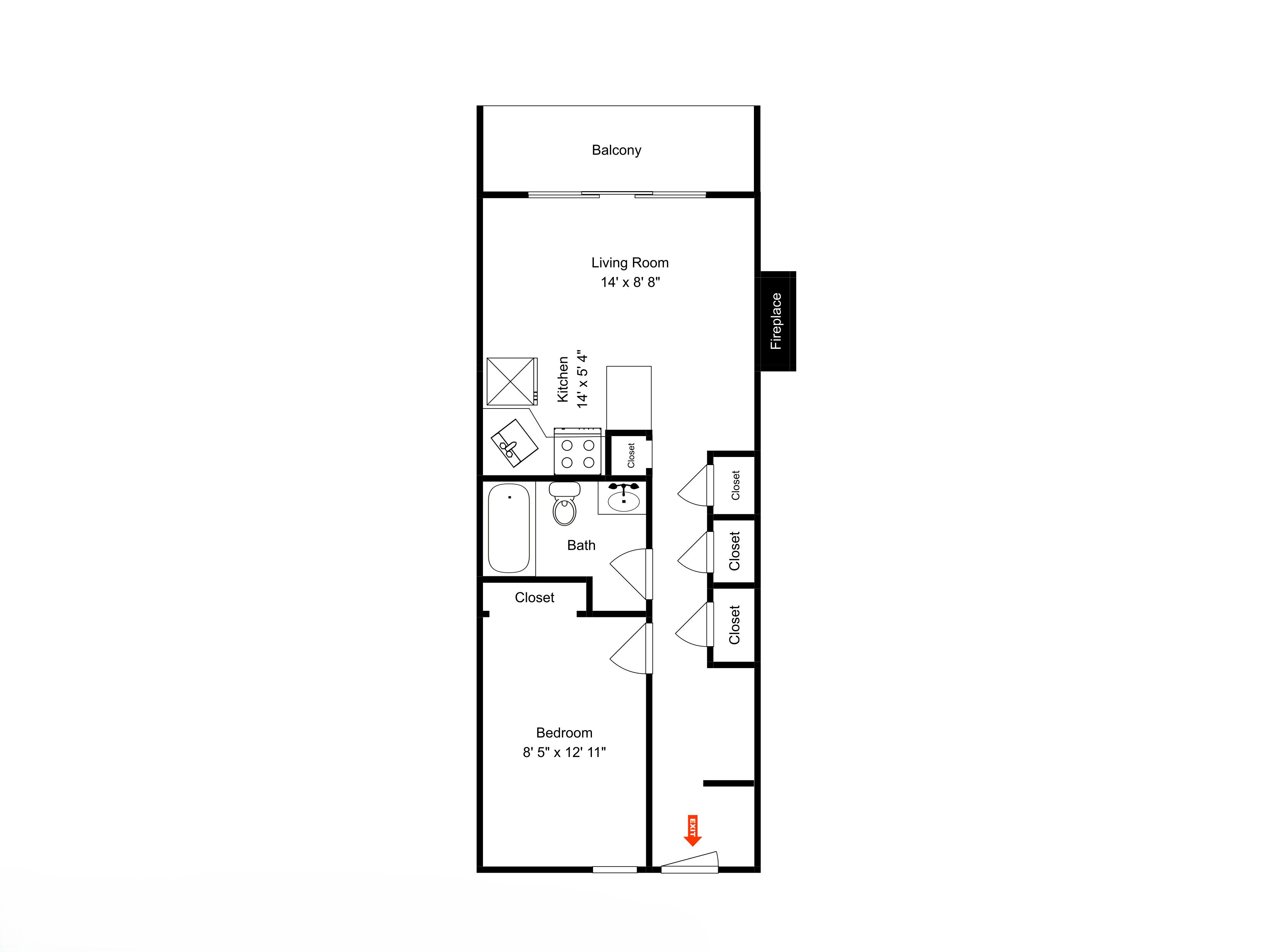 A floor plan with a balcony, living room, kitchen, bathroom, and bedroom.