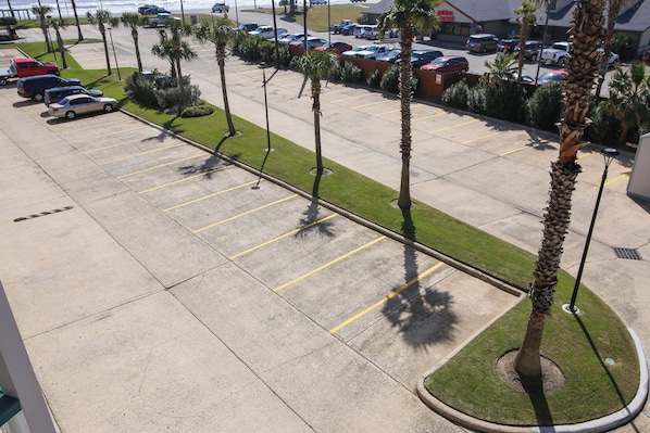 A parking lot with several cars, palm trees, and a building in the background.