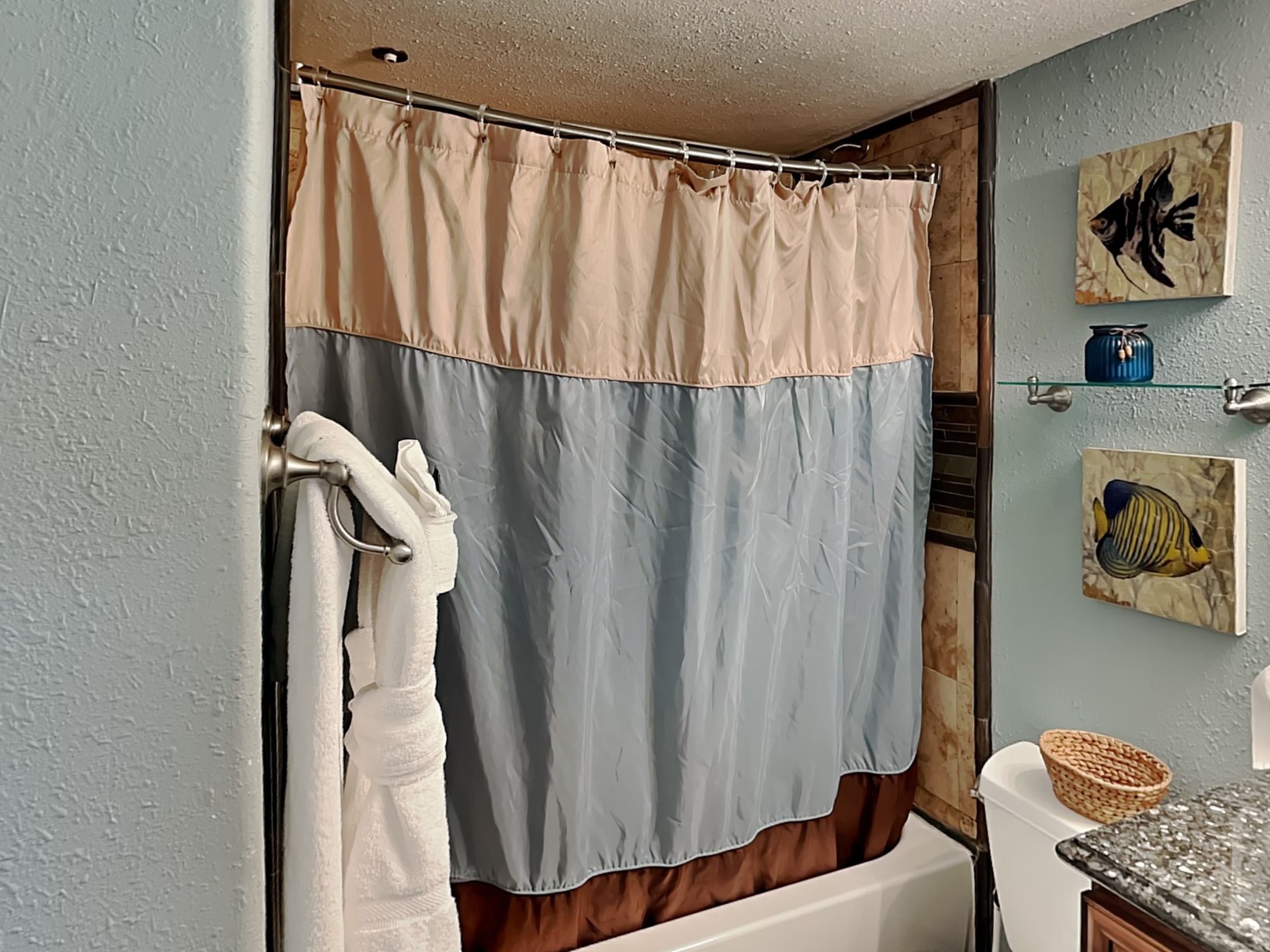 A bathroom with a bathtub, a shower curtain, and two wall-mounted fish paintings.