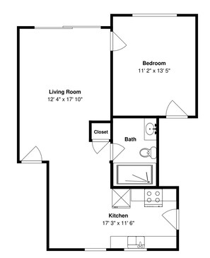 A floor plan with a living room (12' 4" x 17' 10"), a bedroom (11' 2" x 13' 5"), a closet, a bathroom, and a kitchen (17' 3" x 11' 6"). - Turtle Reef by Ryson Vacation Rentals (Galveston)