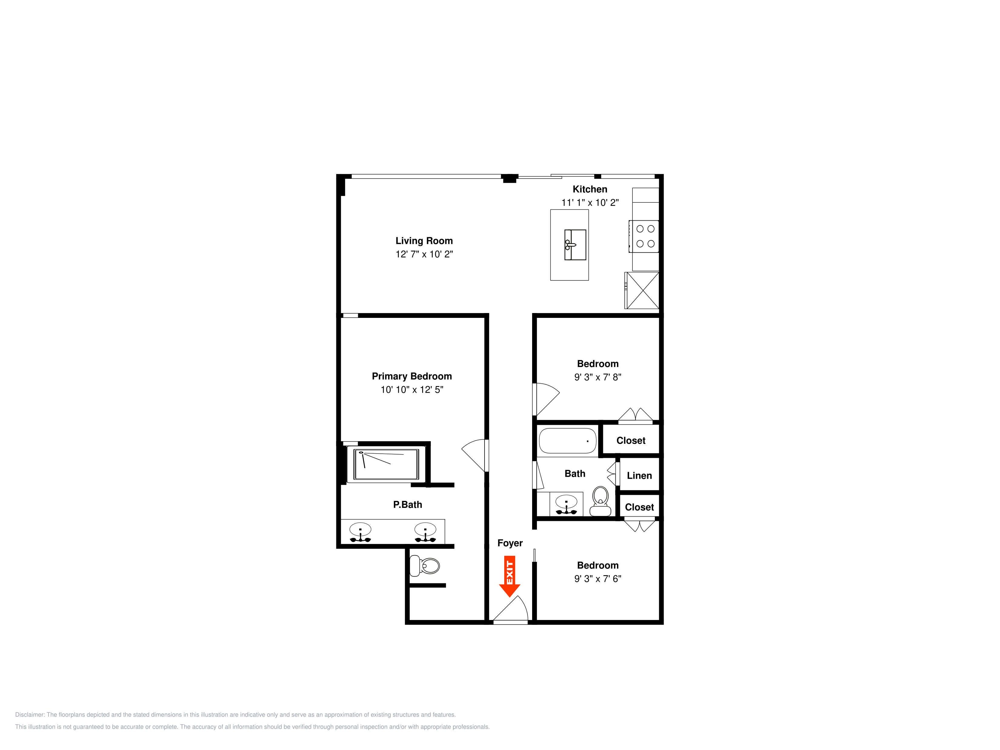A floor plan with a living room, primary bedroom, secondary bedroom, bathroom, and kitchen.
