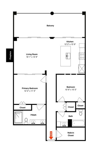 Planta baixa de uma casa, mostrando sala de estar, quarto principal, quarto secundário, cozinha, banheiro, armário e saída.
