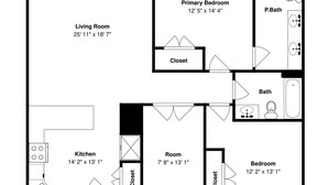 A floor plan of a property with a living room, primary bedroom, bathroom, kitchen, and two bedrooms. - Emerald 1111 by Ryson Vacation Rentals (Galveston)