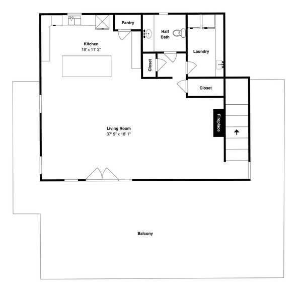 A floor plan of a house with a kitchen, half bath, pantry, laundry, two closets, a living room, and a fireplace.