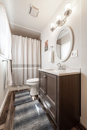 Combined shower/tub, hair dryer, towels, soap