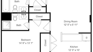 Plano de planta que muestra un balcón, dos dormitorios, una sala de estar, un comedor, una cocina y dos baños.
