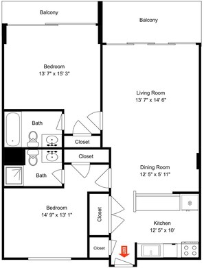 A floor plan with a balcony, two bedrooms, a living room, a dining room, a kitchen, two bathrooms, and closets.
