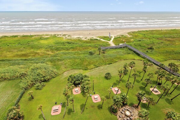 An aerial view of a coastal resort with a beach, a walking path, and several outdoor seating areas surrounded by palm trees.