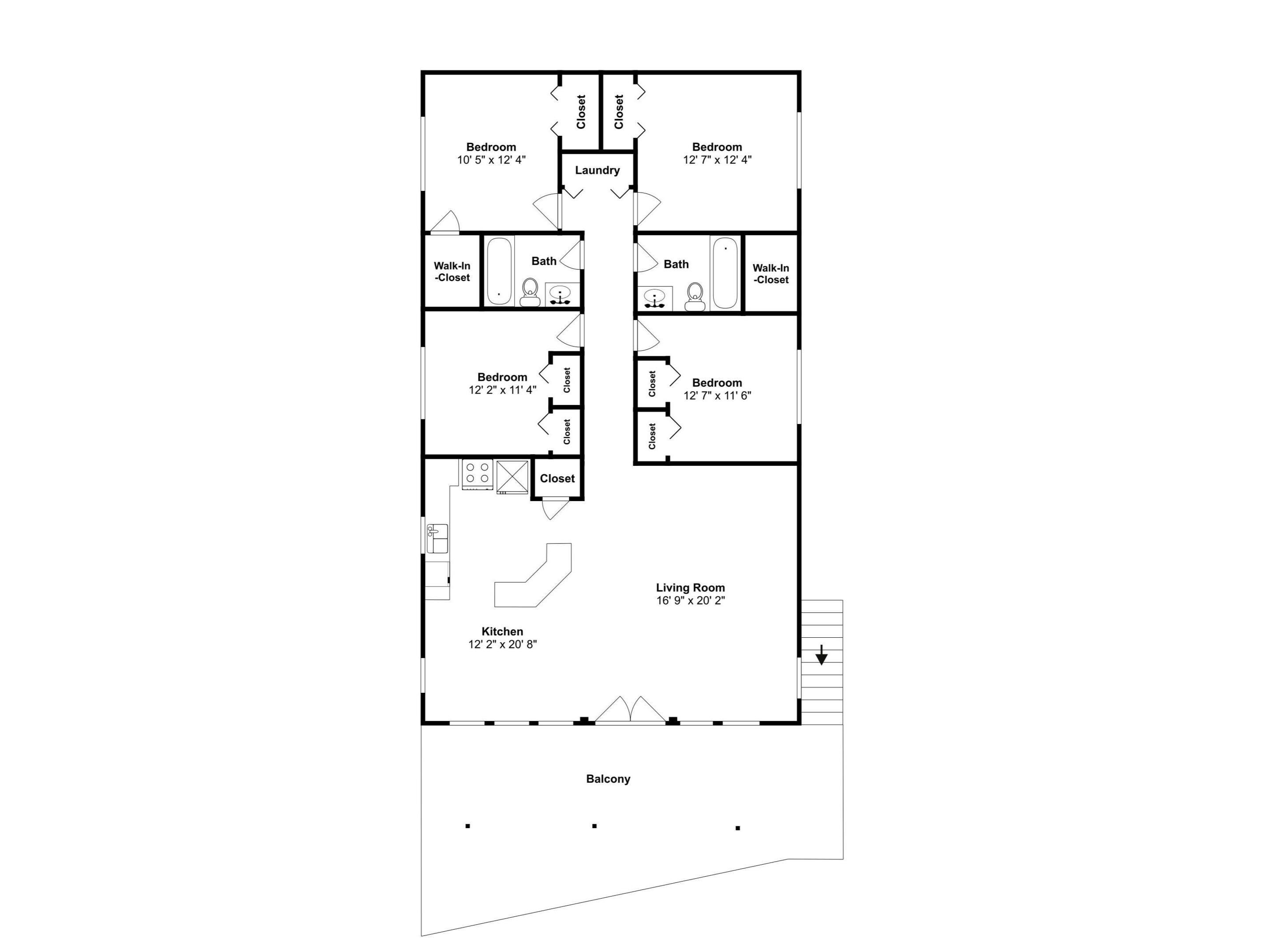 Een plattegrond van een hotel met meerdere slaapkamers, een woonkamer, een keuken, een balkon en een wasruimte.