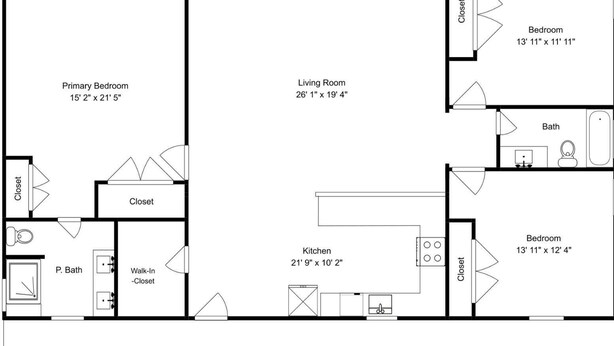 A floor plan of a hotel with a primary bedroom, living room, kitchen, two bedrooms, a bathroom, and a balcony. - Honu Beachfront by Ryson Vacation Rentals (Galveston)