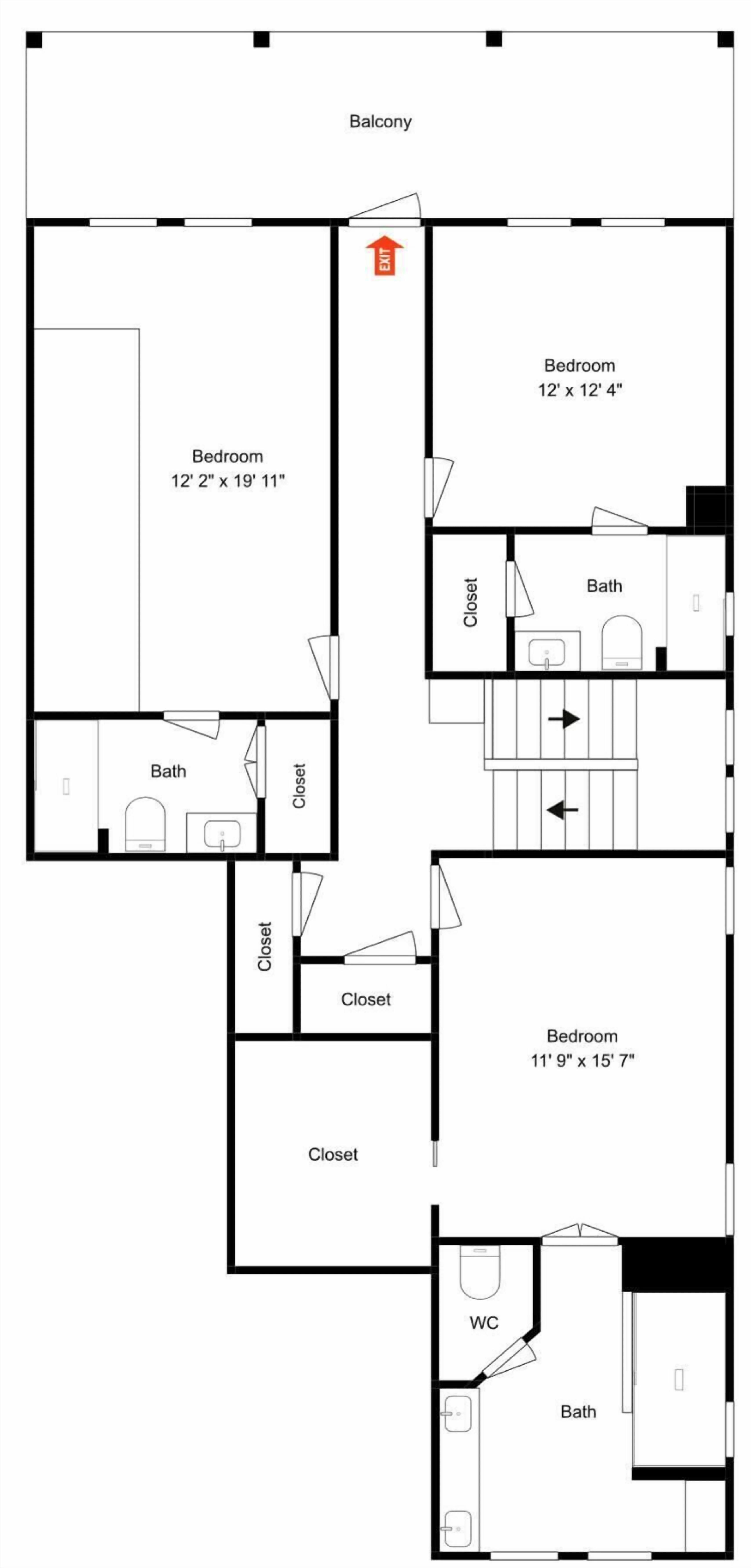 Un plan d’étage comprenant deux chambres, deux salles de bain, un placard et un balcon.