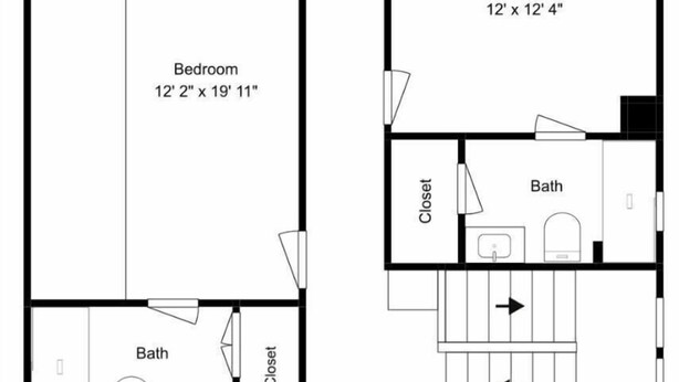 Een plattegrond met twee slaapkamers, twee badkamers, twee kasten en een inkom.