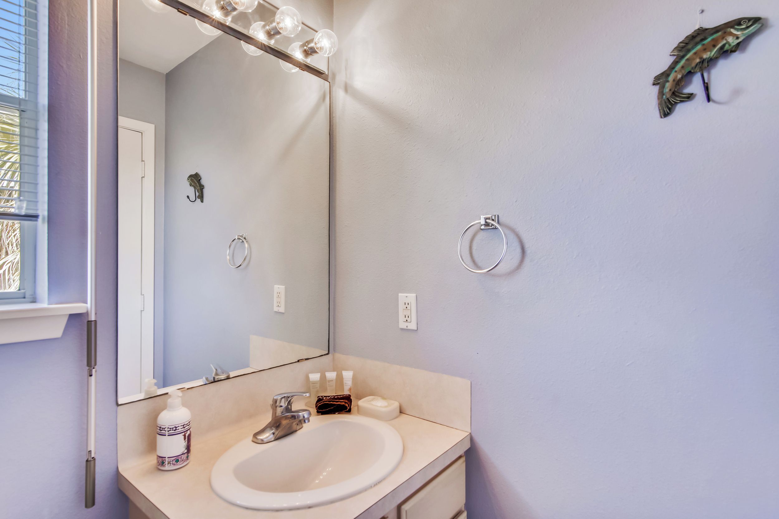 A bathroom with a sink, mirror, and towel ring.