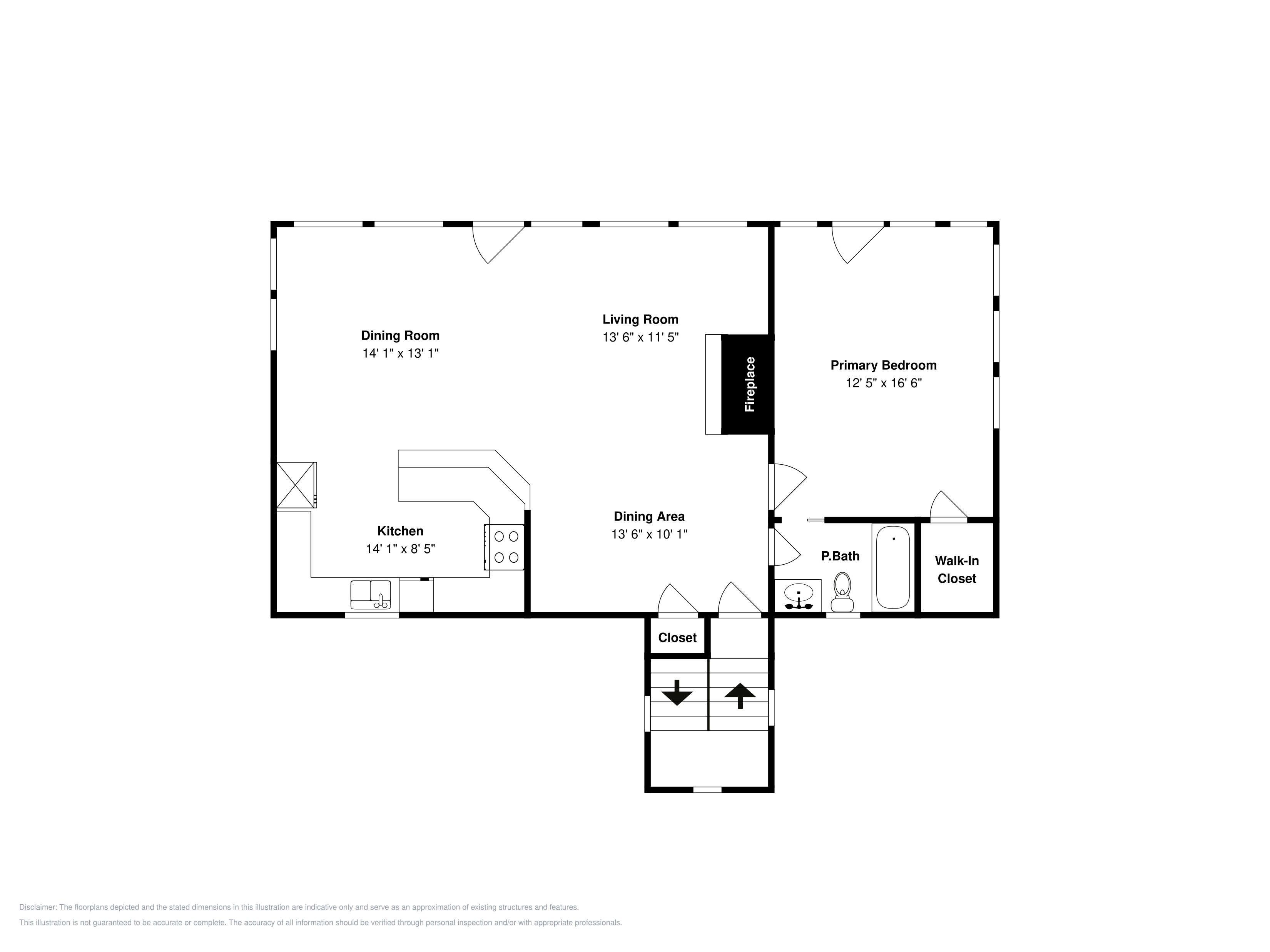 Ein Grundriss mit Esszimmer, Küche, Wohnzimmer, Hauptschlafzimmer und Badezimmer.