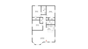 A floor plan with three bedrooms, a living room, a kitchen, a bathroom, and a closet. - Pirates' Treasure by Ryson Vacation Rentals (Galveston)