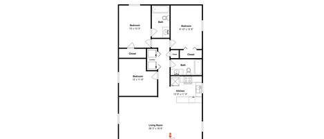 A floor plan with three bedrooms, a living room, a kitchen, a bathroom, and a closet.