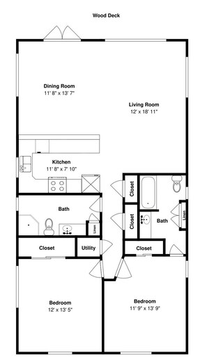A floor plan of a house with a wood deck, dining room, kitchen, two bathrooms, two bedrooms, and a utility room.