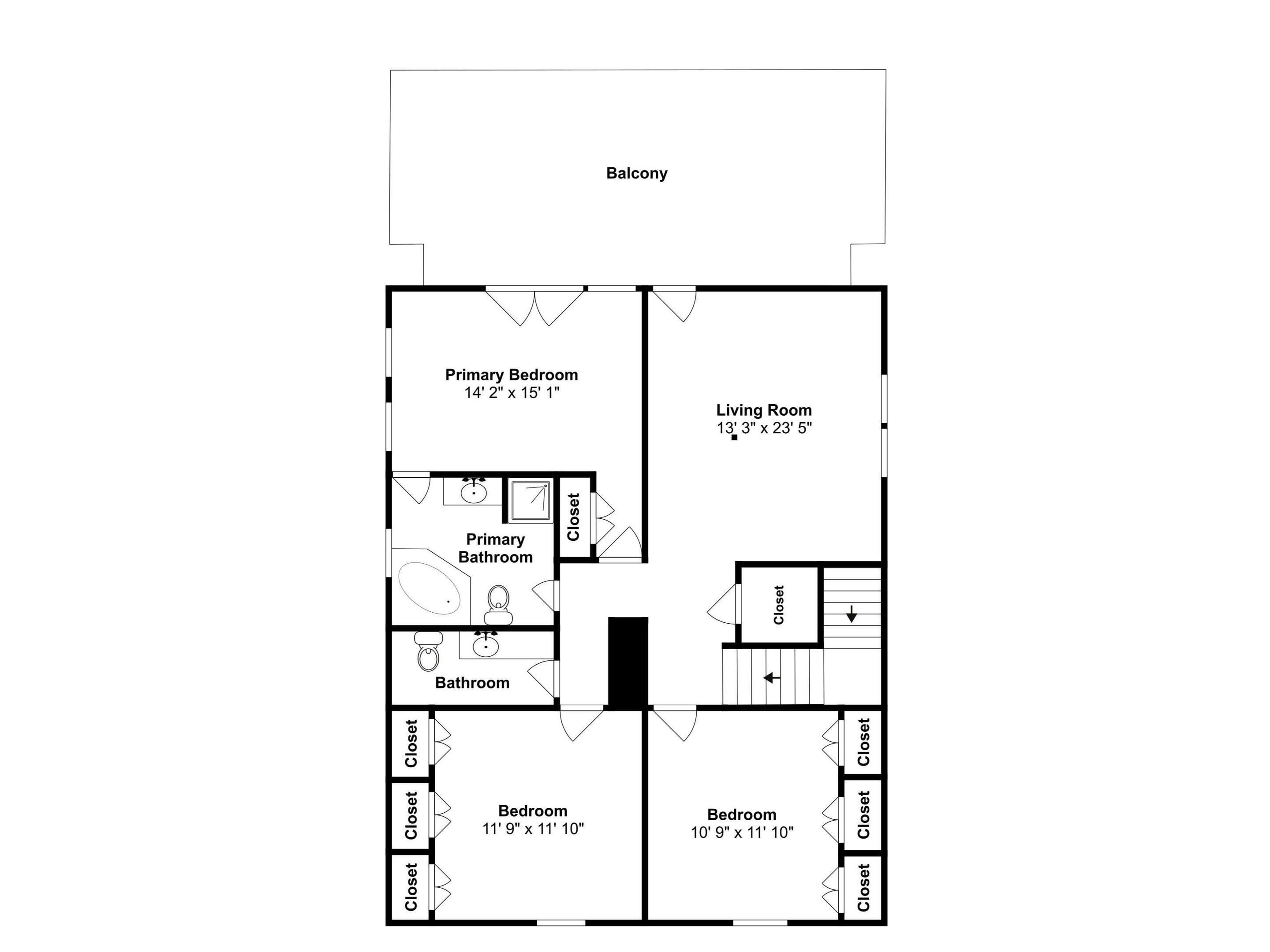 Un plan d’étage d’une chambre d’hôtel comprenant une chambre principale, un salon, deux chambres plus petites, une salle de bain et des placards.