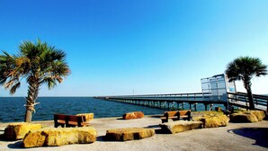 A coastal walkway with benches, palm trees, and a pier extending into the water. - Reel Paradise by Ryson Vacation Rentals (Galveston)
