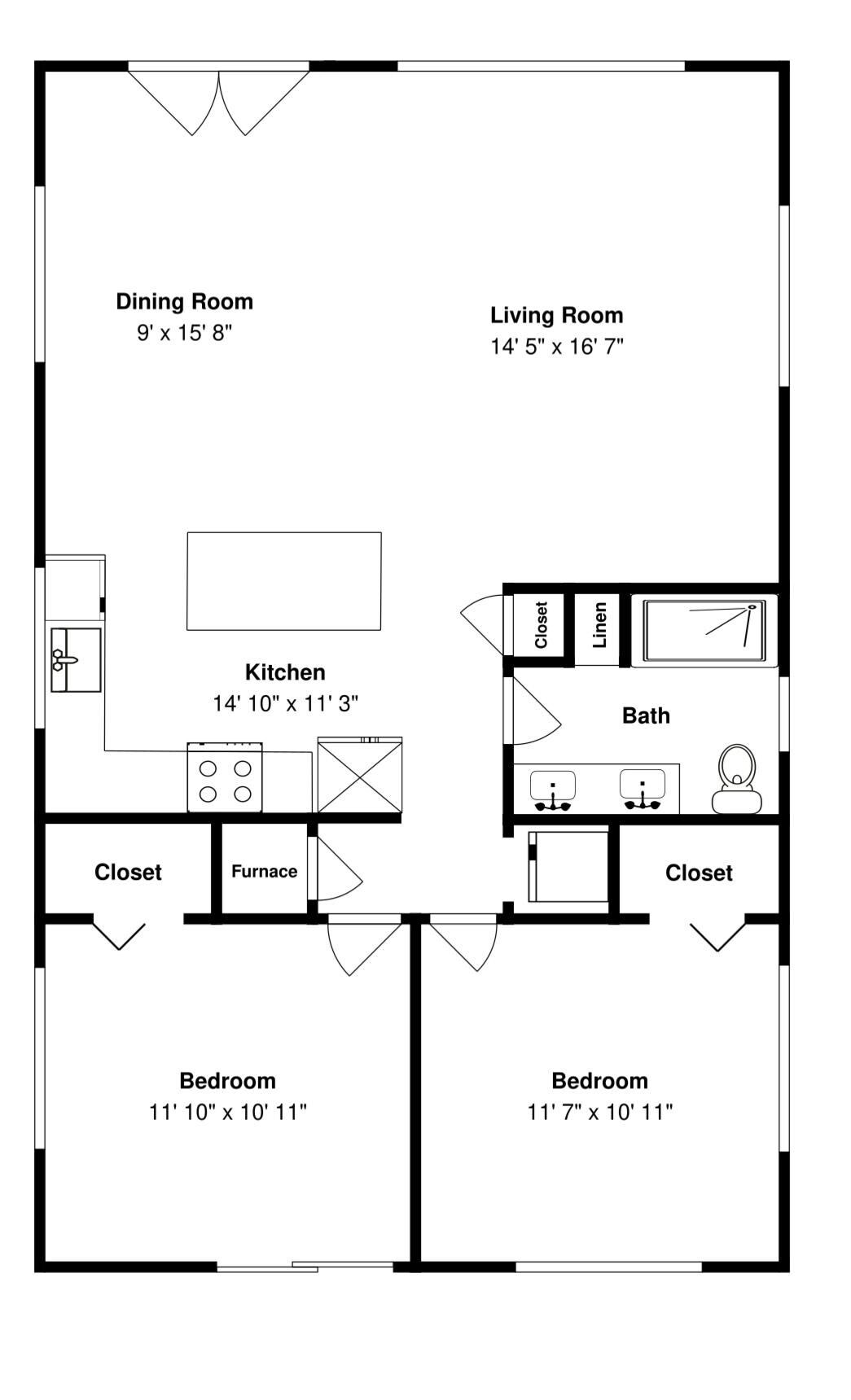 En planritning över ett hus med matsal, vardagsrum, kök, två sovrum och ett badrum.