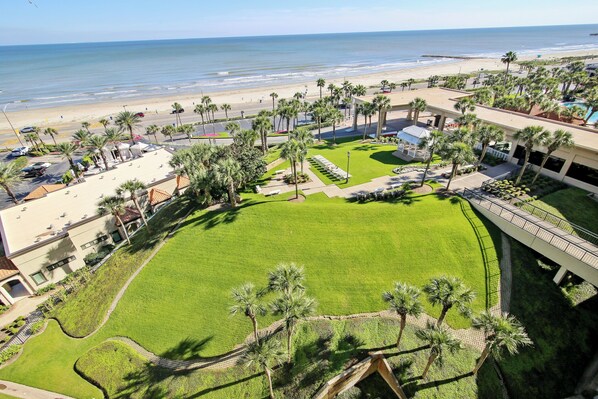 A resort with a well-maintained lawn, palm trees, and a view of the beach.