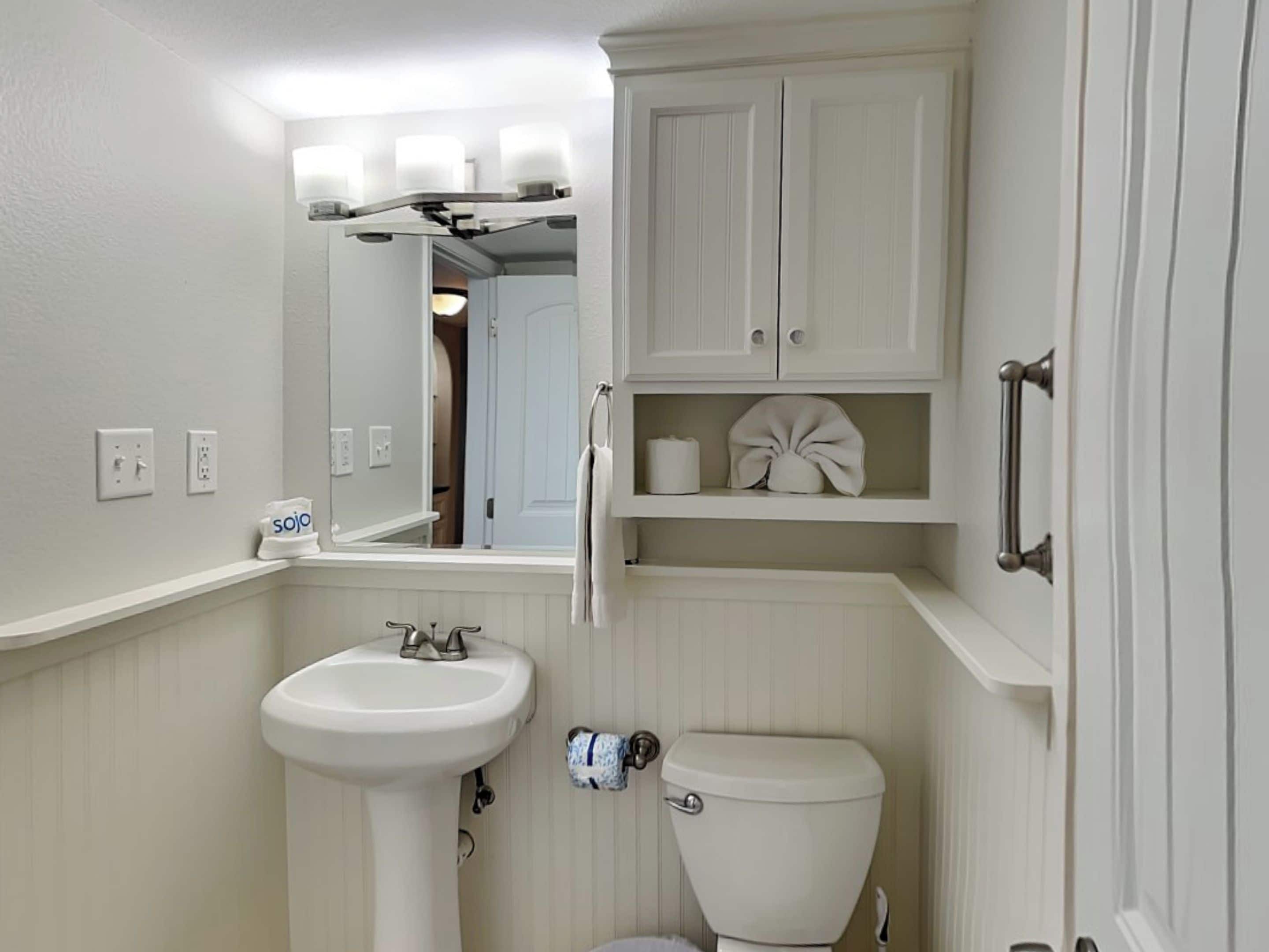 Une salle de bain avec un lavabo sur colonne, des toilettes et un meuble-lavabo doté d’un miroir et d’étagères.