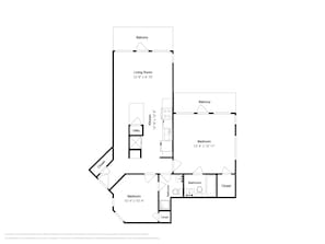 A floor plan of a studio apartment with a living room, kitchen, two bedrooms, a bathroom, and a balcony. - Beachcomber by Ryson Vacation Rentals (Galveston)