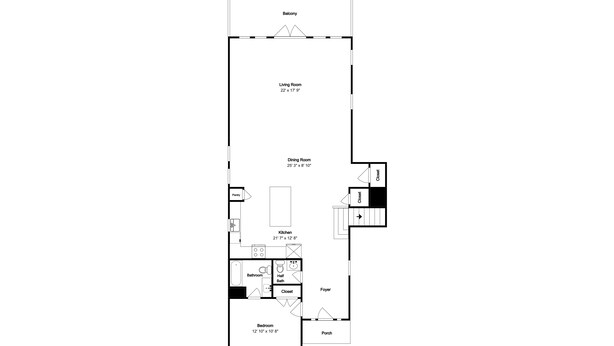 A floor plan with a balcony, living room, dining room, kitchen, bathroom, half bath, foyer, bedroom, closet, and porch. - Skin and Bones by Ryson Vacation Rentals (Galveston)