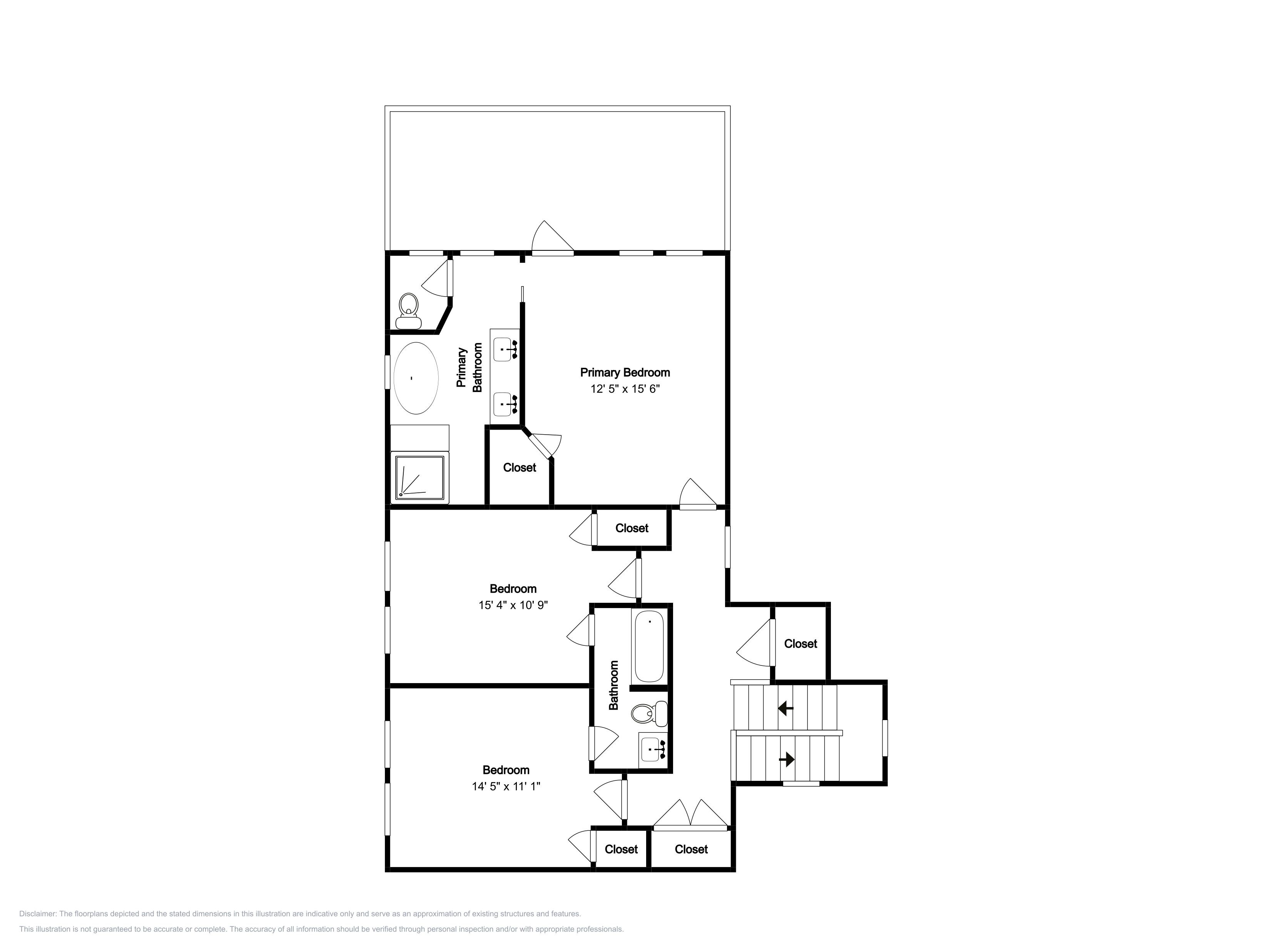 A floor plan with a primary bedroom measuring 12'5' x 15'6', two bedrooms, a bathroom, and closets.