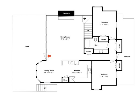 A floor plan with a fireplace, living room, dining room, kitchen, two bedrooms, and a balcony.